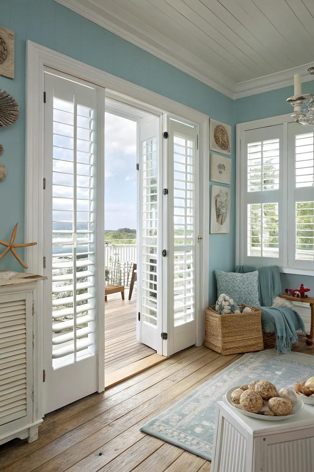 Window outers bring a classic or beachy vibe to French doors.