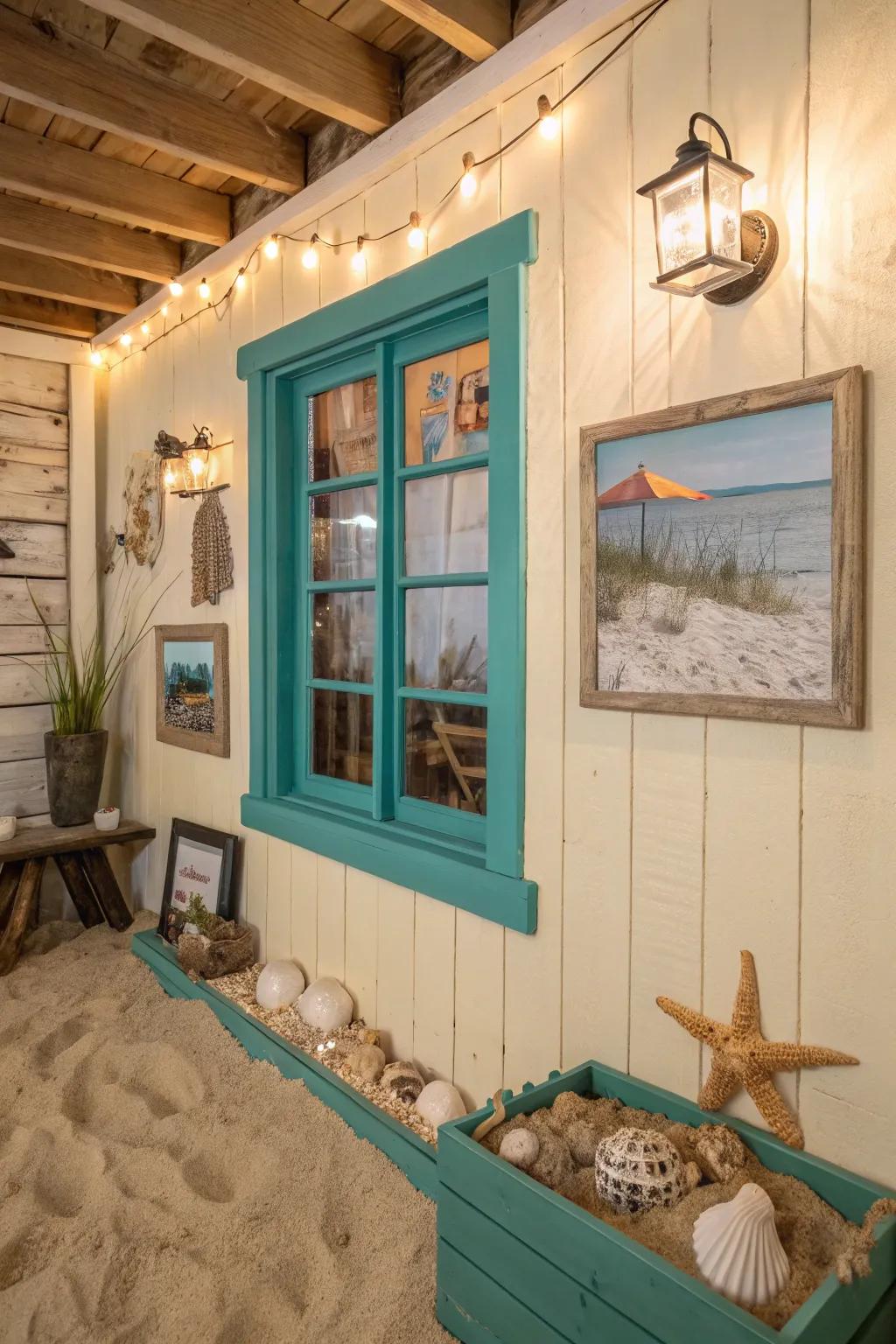 Blue-green trim brings a seaside vibe to any space.
