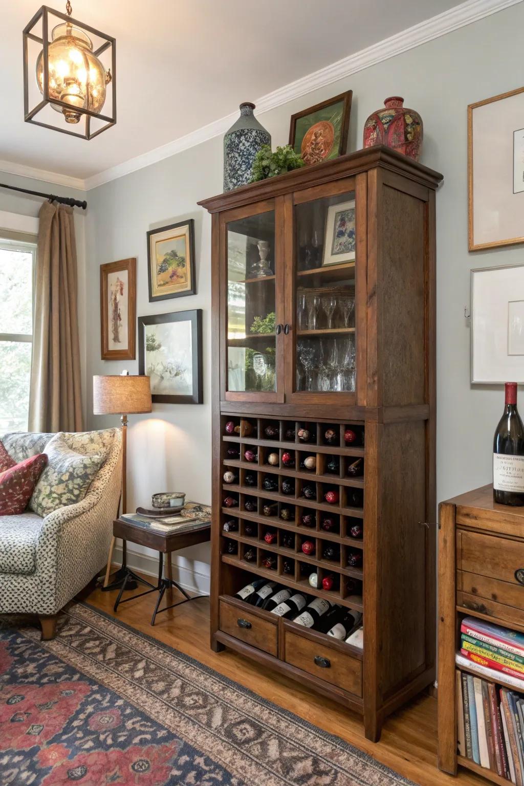 A vintage cabinet creatively repurposed as a wine rack.