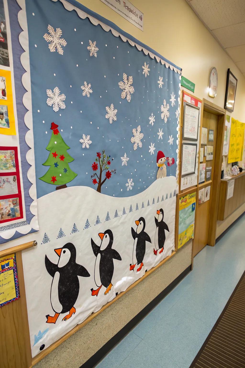 A penguin dance celebration infuses the winter bulletin board with joy.