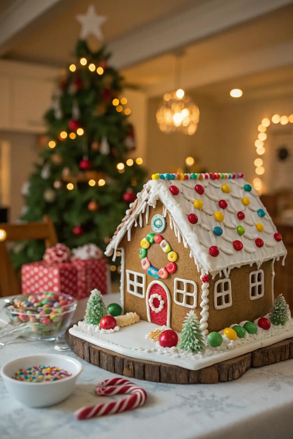 A gingerbread home becomes a festive and edible focal point.