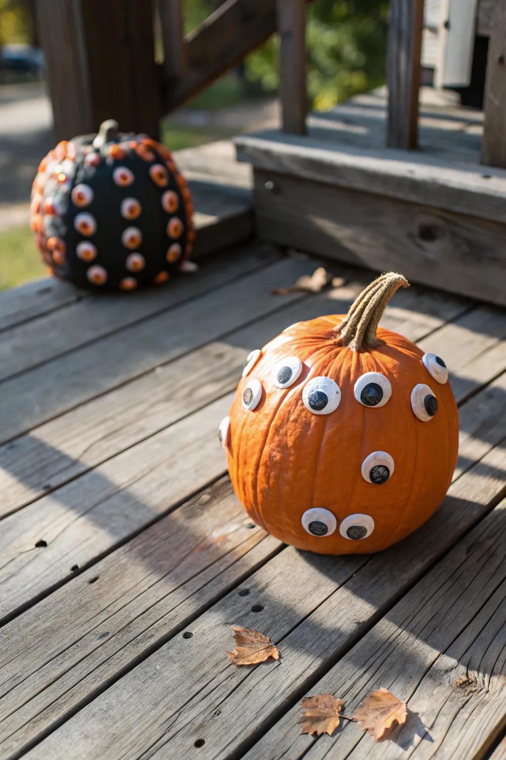 Gourd displaying macabre ocular decorations.