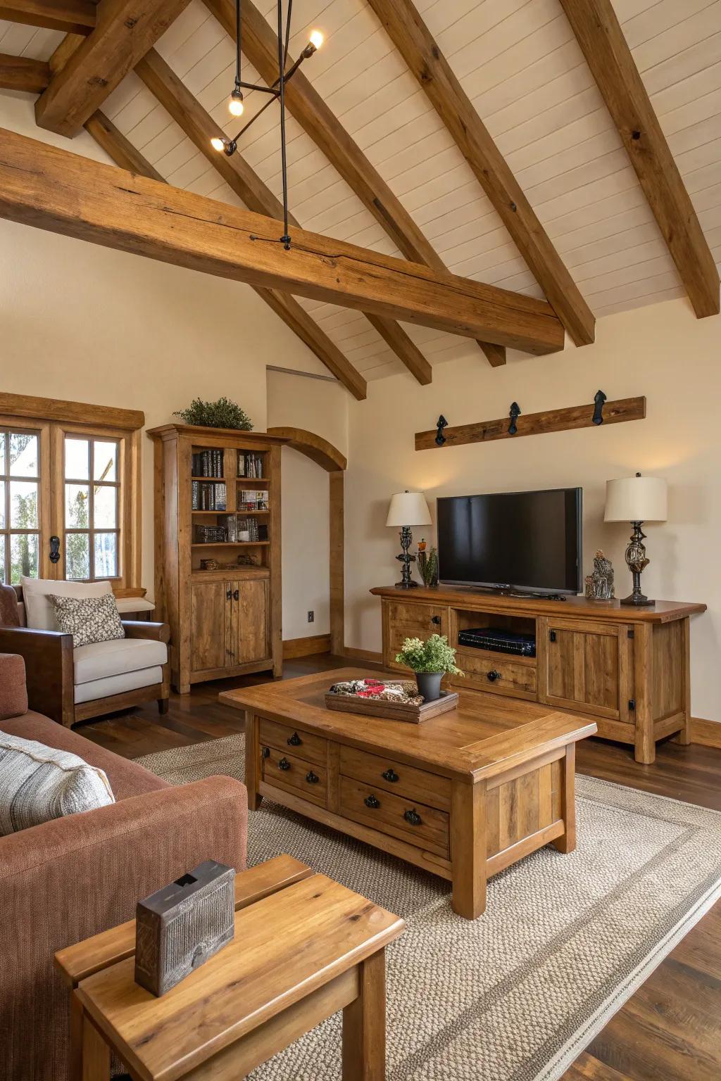 A richly textured living area with varied wooden shades.