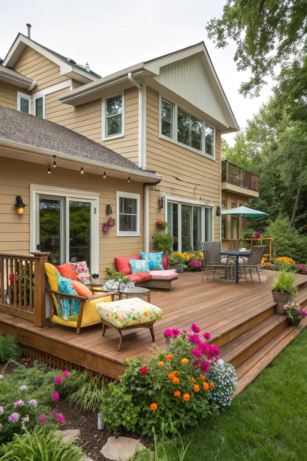 Teak decking adds vibrancy and warmth to a tan house, perfect for sunny gatherings.