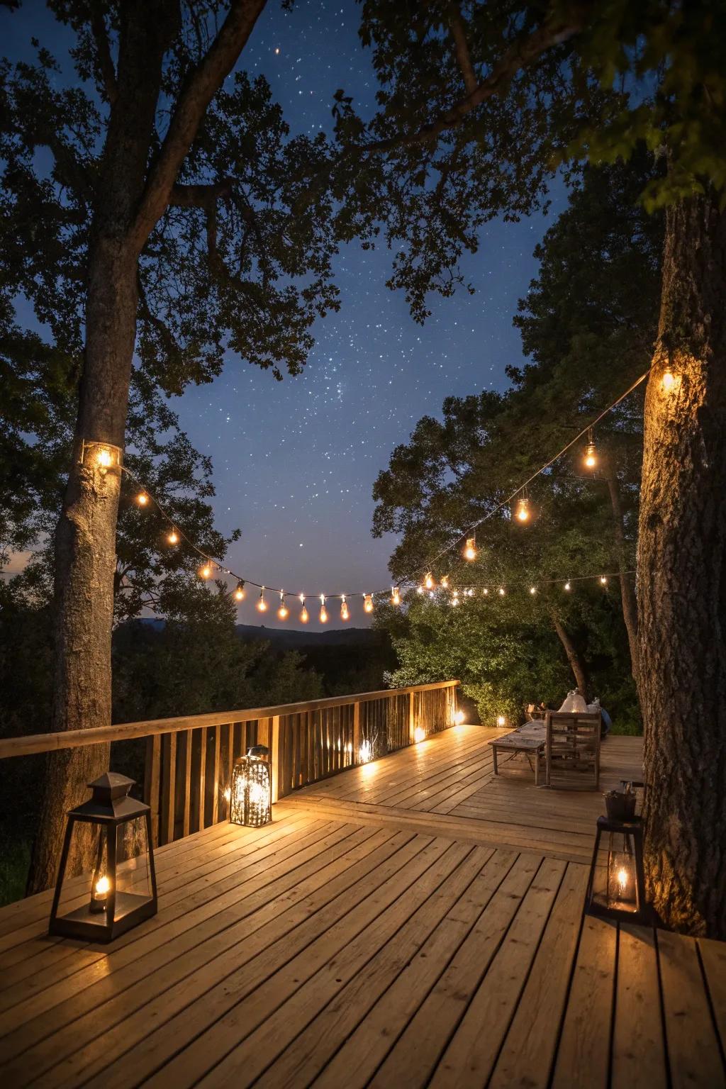 Soft illumination adds a magical touch to evening deck gatherings.