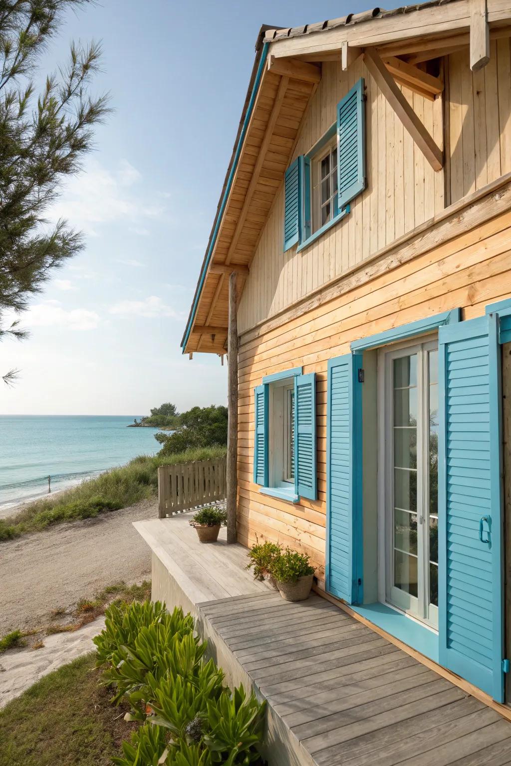 A wood-clad house that embodies cool coastal vibes with its serene color palette.