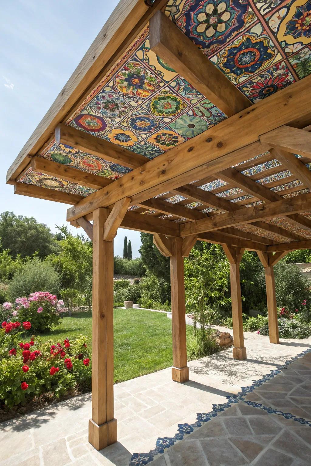 A colorful mosaic roof adding artistic flair to a patio cover.