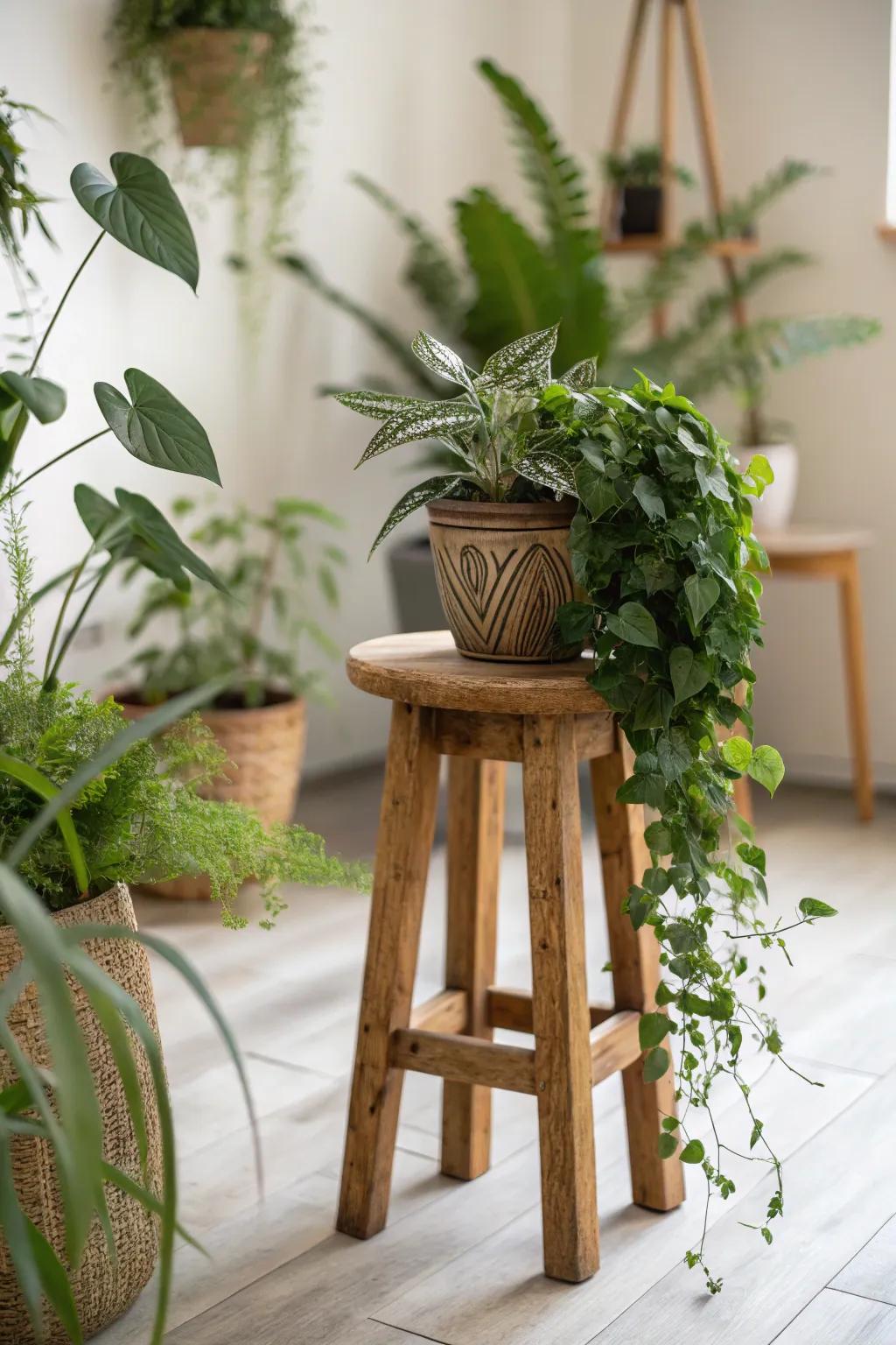 A wood stool serves as a chic plant stand, enhancing vegetation.