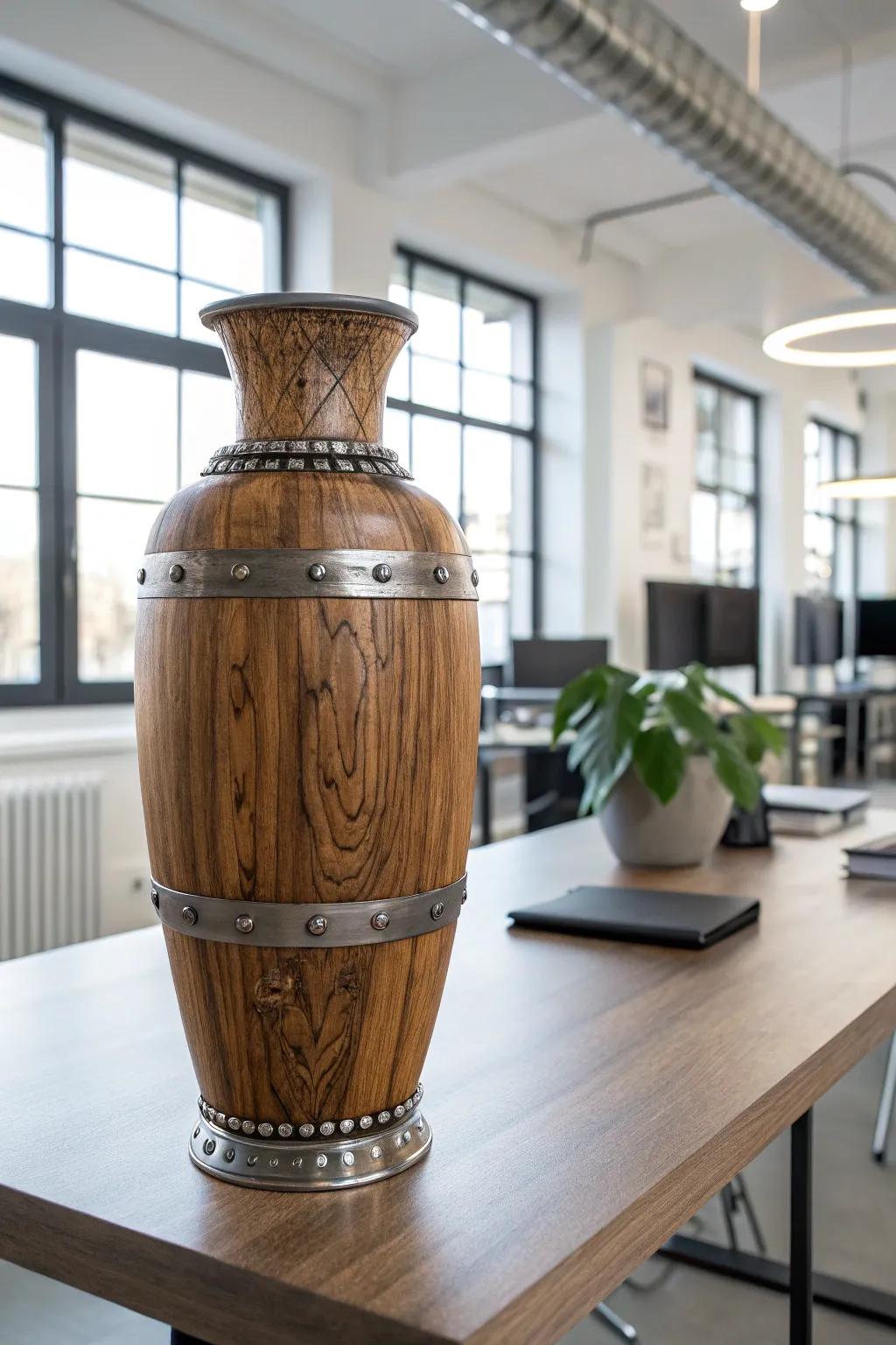 Realize a modern rustic aesthetic through metal-accented timber vessels.