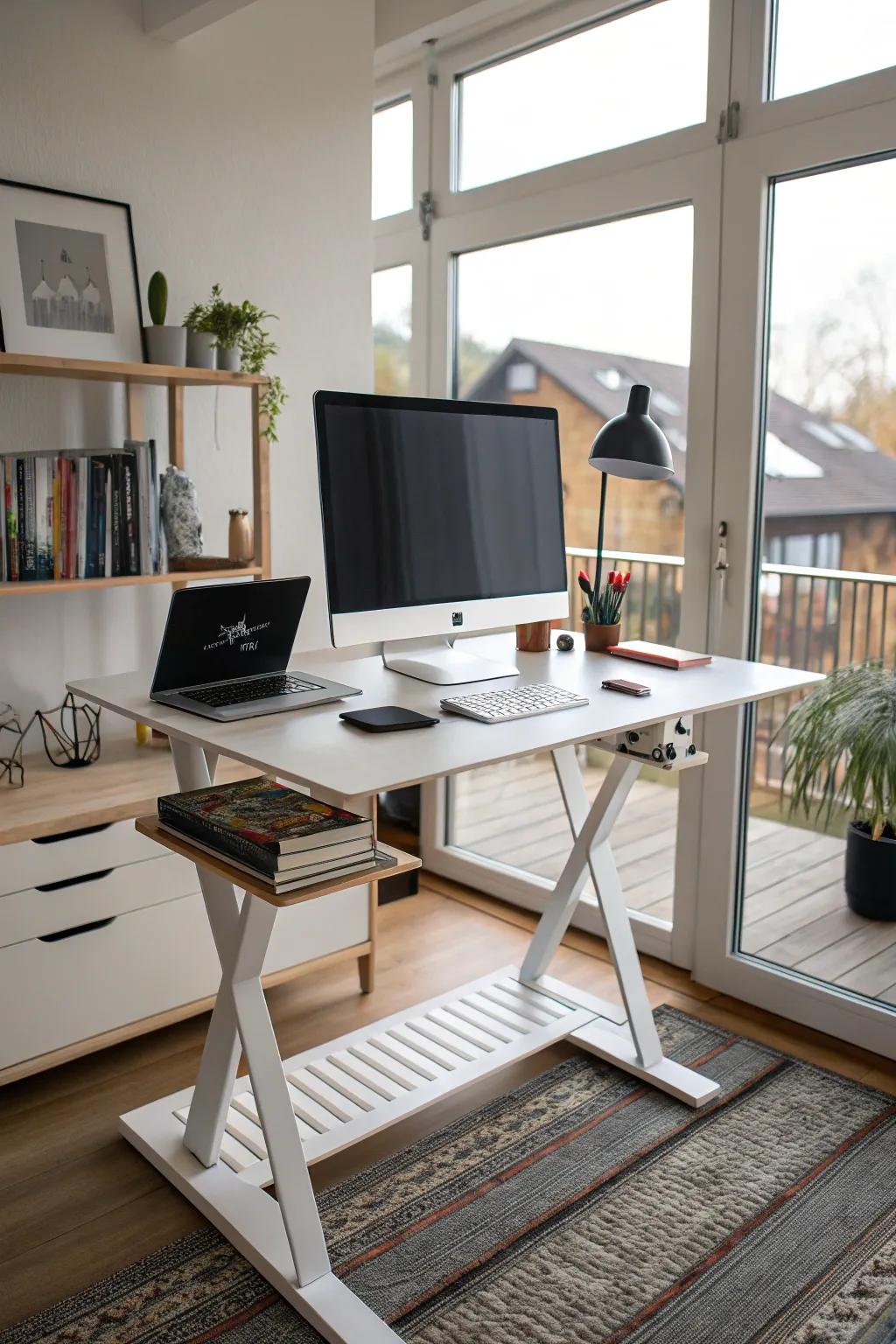 A standing desk setup to help boost health and focus.