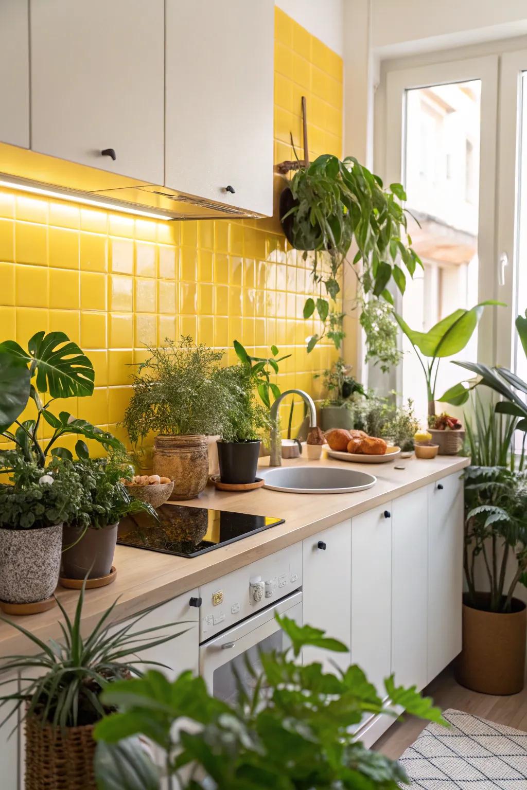 Indoor plants complement the goldenrod backsplash beautifully.