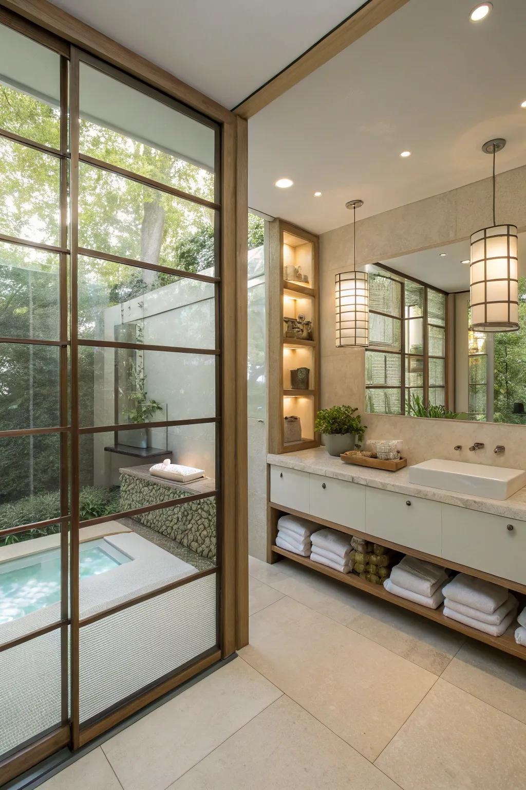 Glass elements enhance the flow and simplicity of a zen restroom.