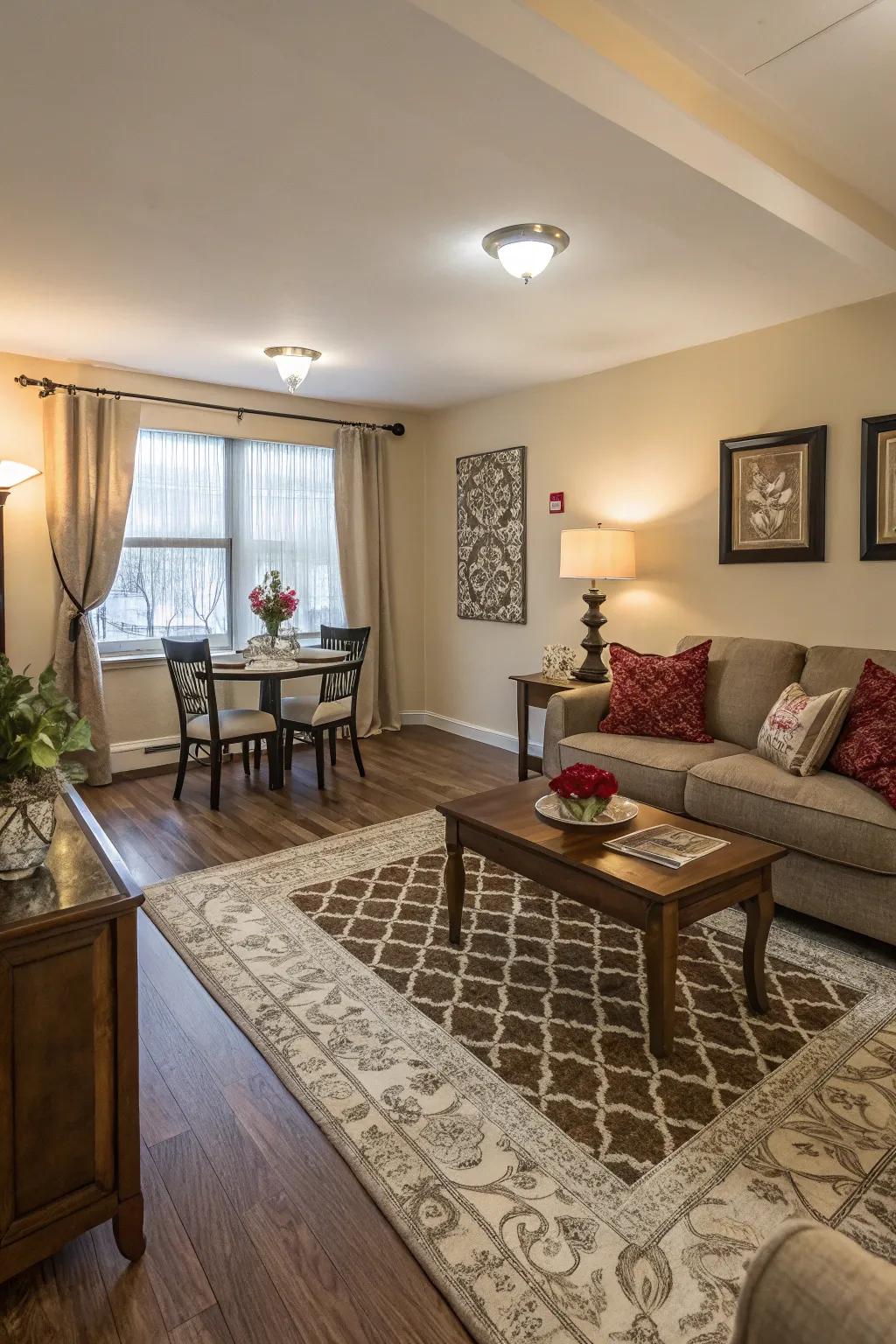 Rugs offer clear definition in a unified space.
