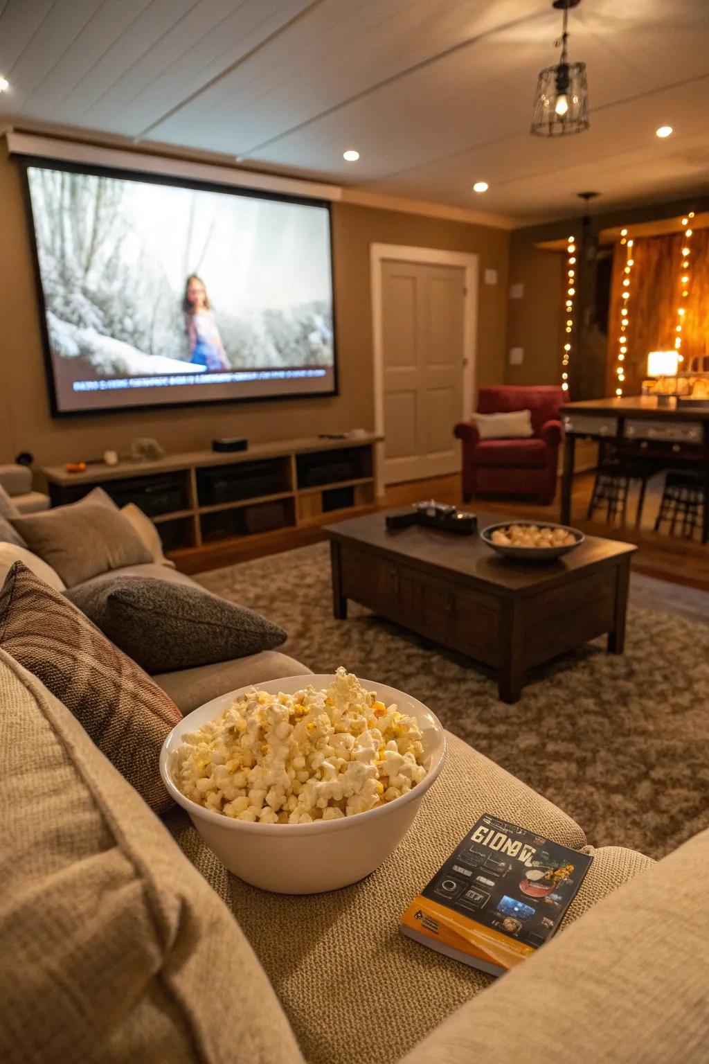 A cozy setup ready for a movie marathon night with friends.