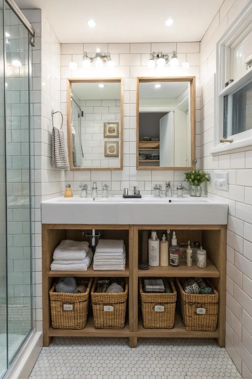Discreet hidden storage spaces keep the bathroom tidy.