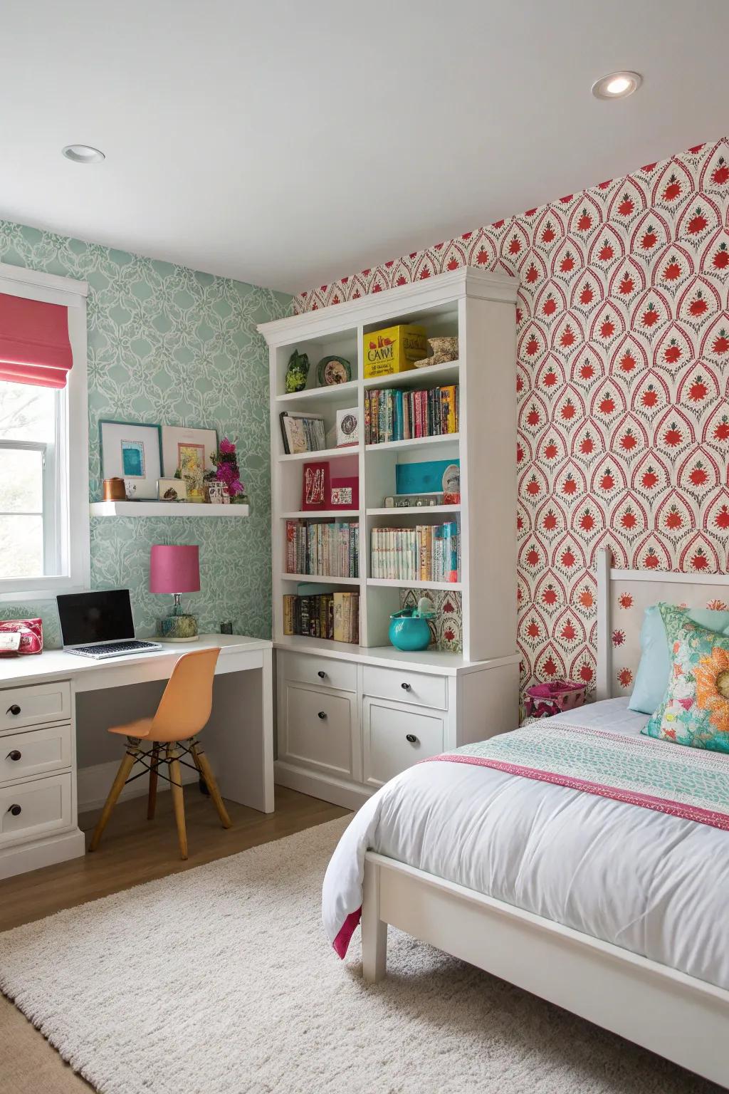 Patterned wallpaper adds a vibrant focal point to the room.