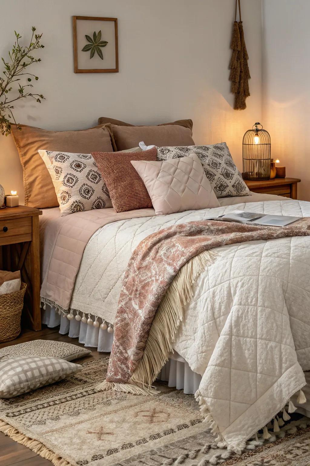 Layered bedding with plush textures adds warmth and luxury.