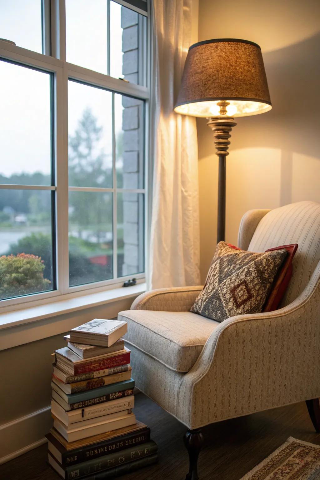 A reading spot offers a tranquil place for relaxation.