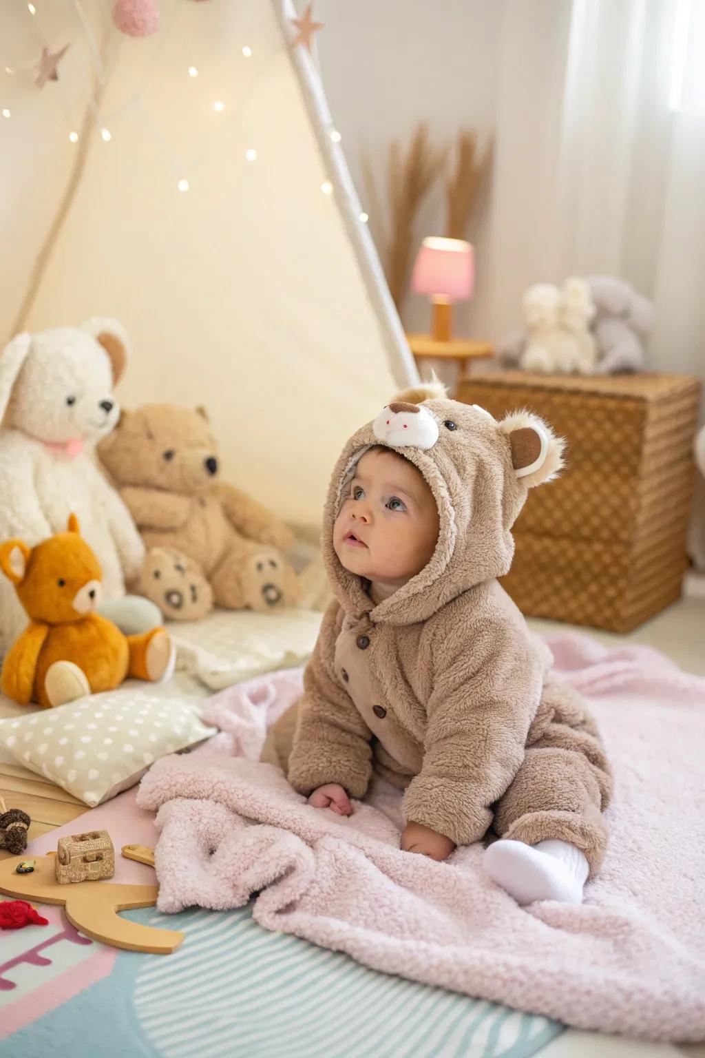A cuddly teddy bear costume, perfect for bringing smiles and warmth to Halloween.