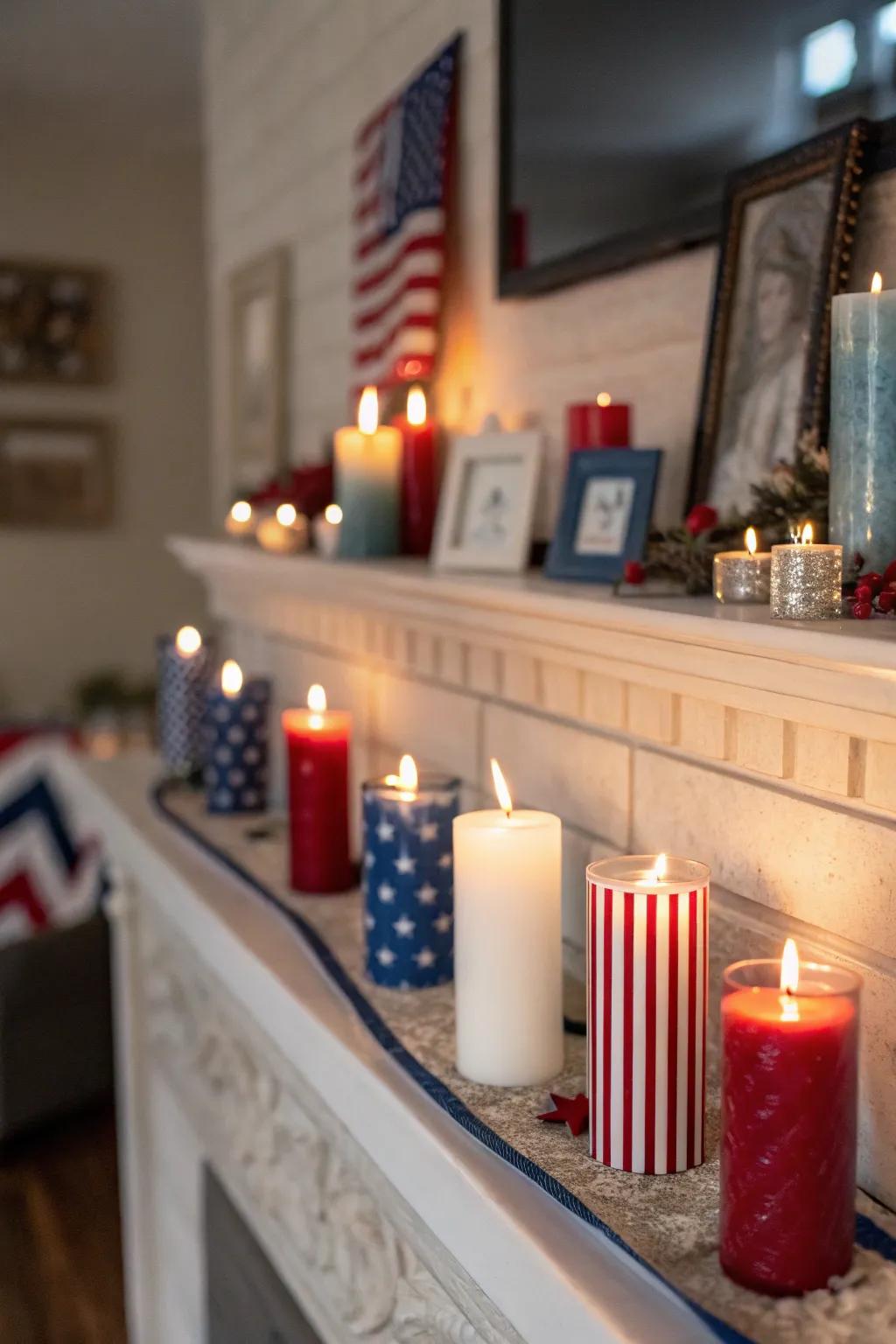 Tapers in patriotic pigments establish a snug and celebratory mood.