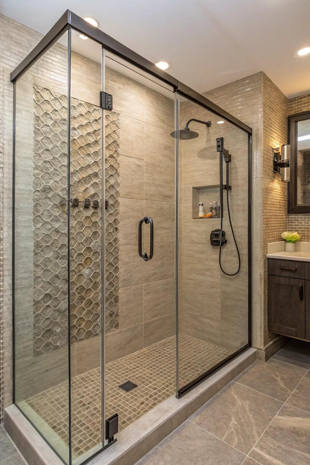 Walls with texture inject depth and individuality into a small shower.