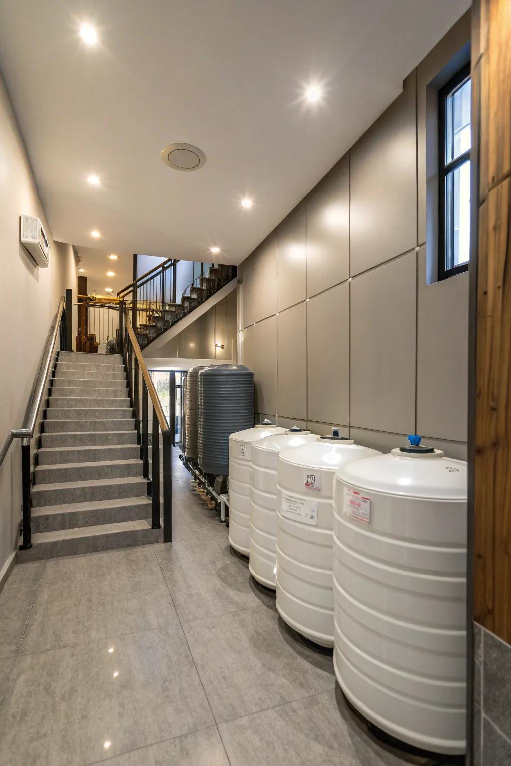 Under-stair storage economizes the use of area.