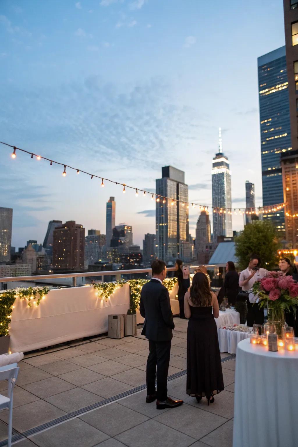An astounding rooftop celebration setting boasting city views.