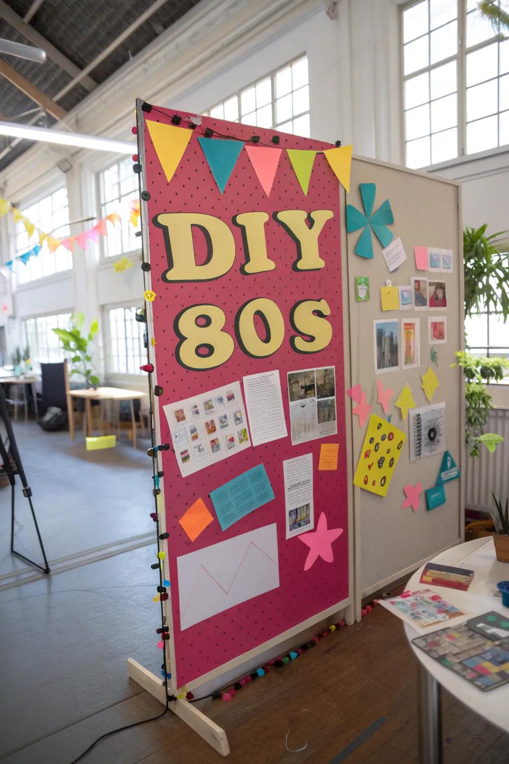 DIY 80s embellishments crafted from colorful paper on a pinboard.