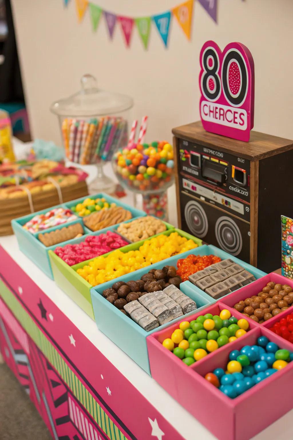 An 80s snack bar offers nostalgic treats for your guests.