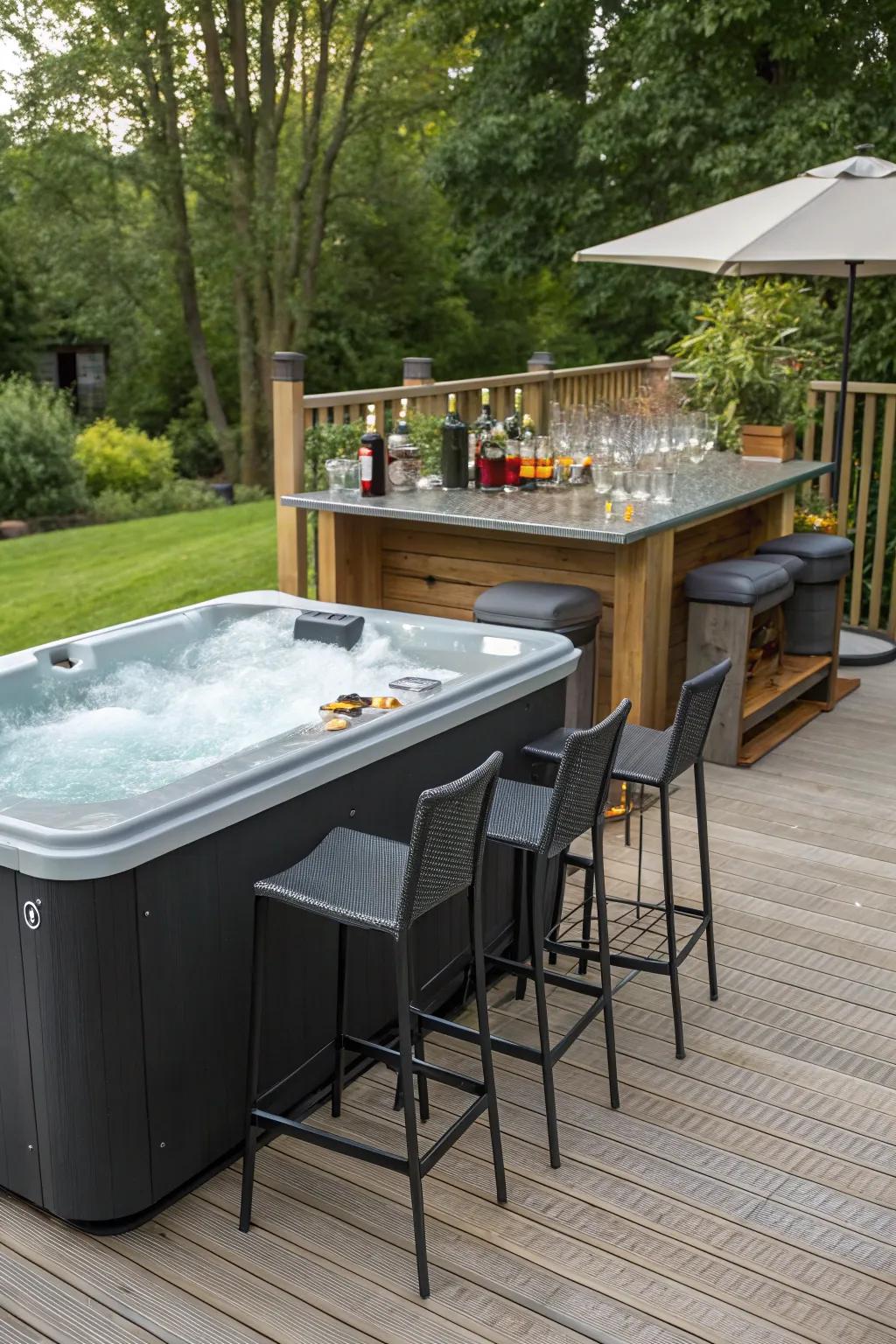 An outdoor bar adds convenience and fun to your hot tub experience.