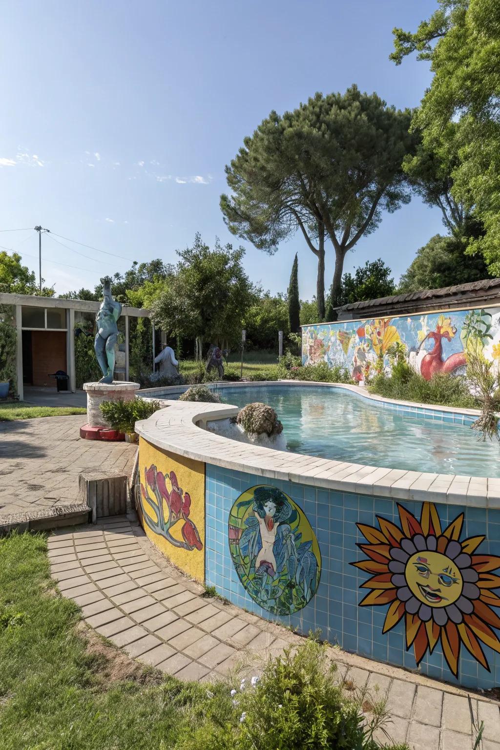 Outdoor art transforms the pool area into a personalized retreat.