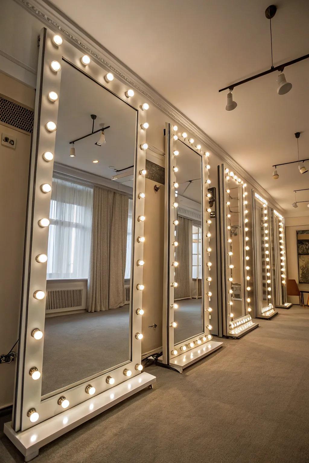 Lighted mirrors reflect and amplify light, enhancing space.