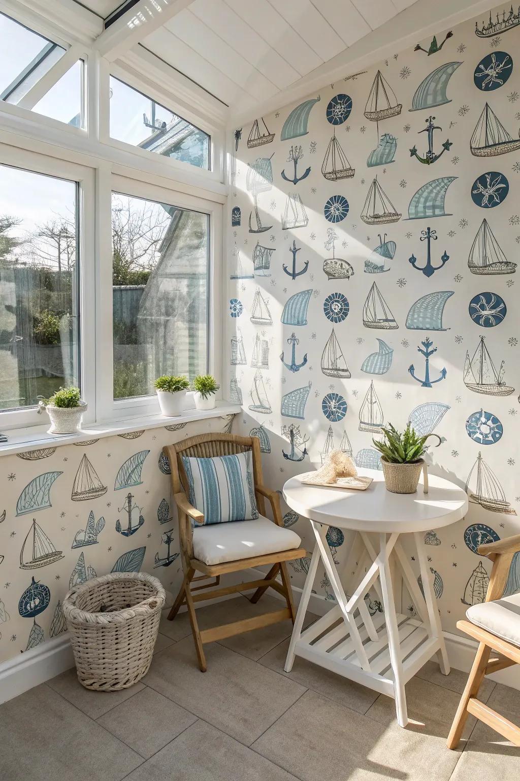 Seaside-themed wallpaper turns a sunroom into a coastal theme.