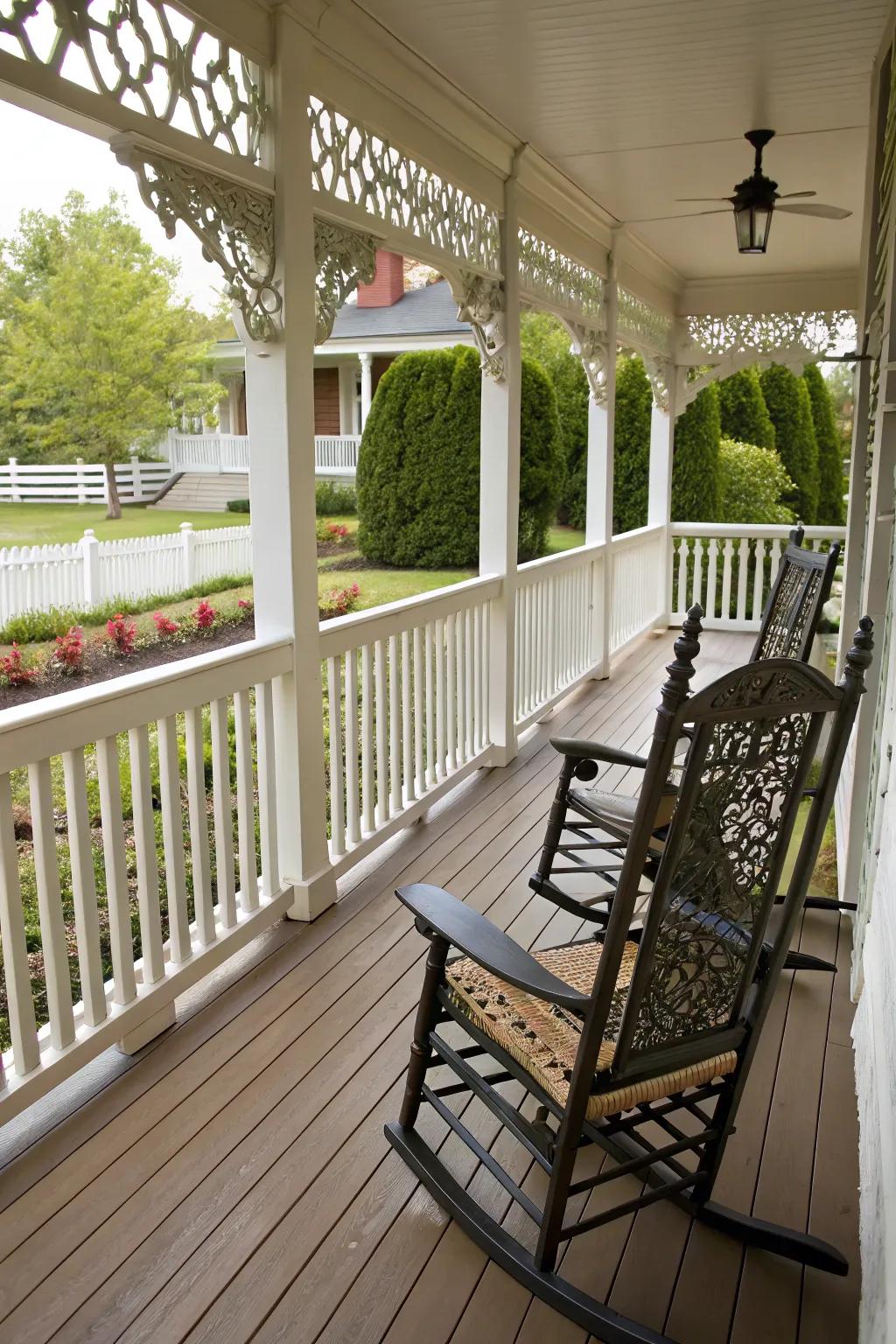 A porch adorned with elegant and secure railings.