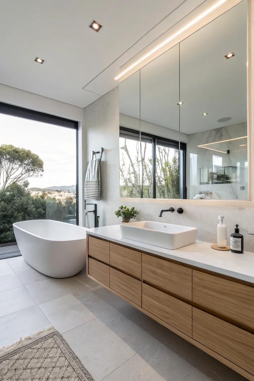 A floating vanity offers a sleek and modern look.
