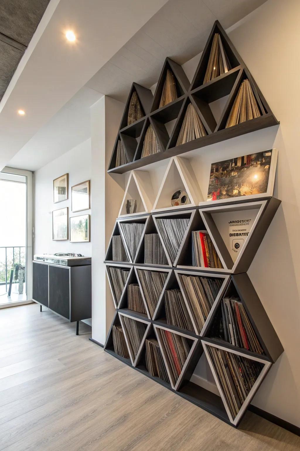 Geometric shelves lending a modern, artistic element to vinyl record storage.