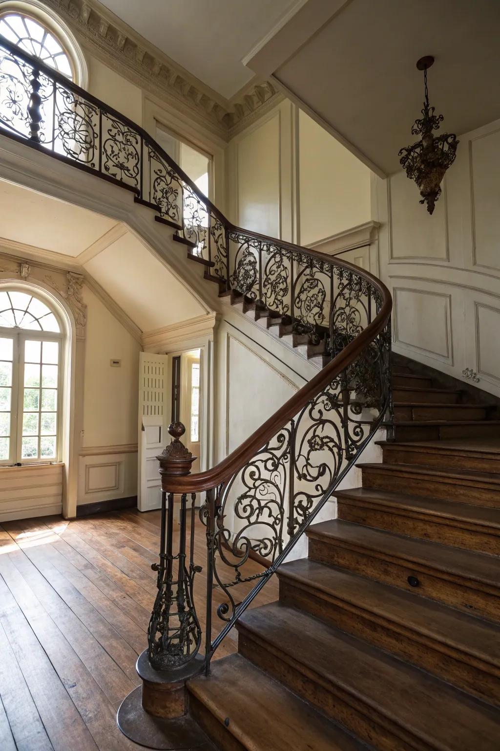 Processed iron railings injecting a robust touch to a colonial home.