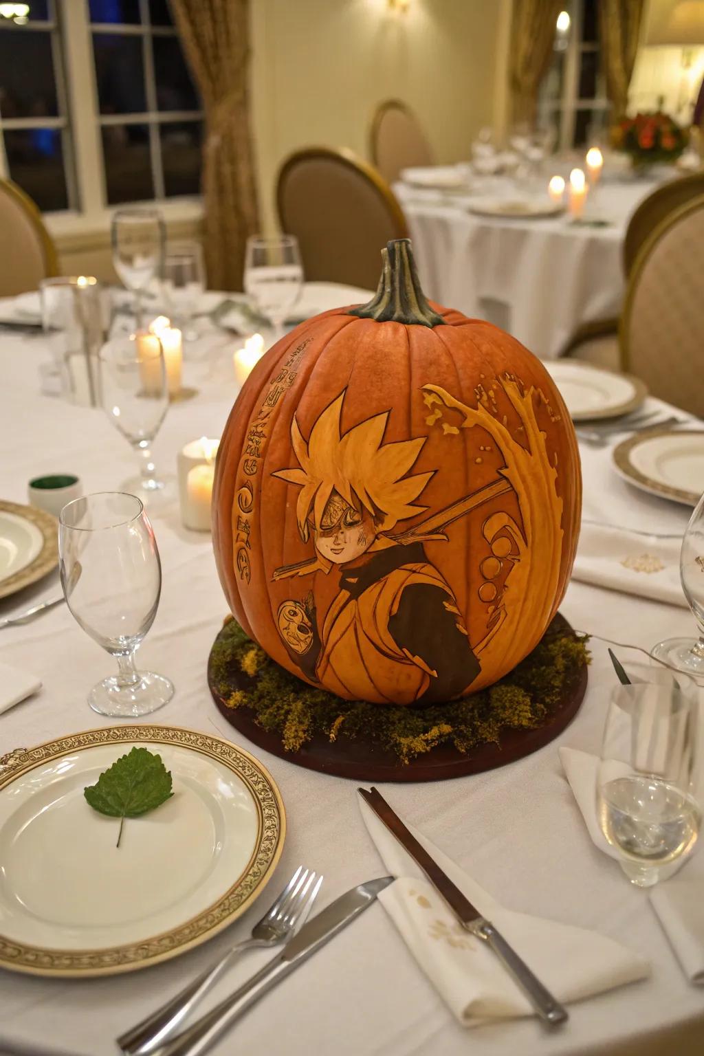 Narrate a story with an anime adventure landscape carved on pumpkins.