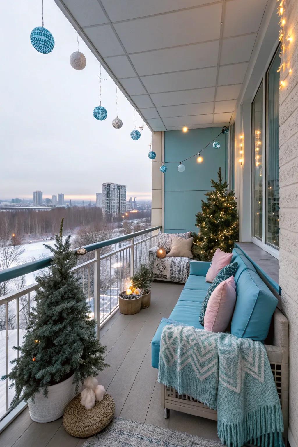 Fashionable hues grant this balcony a distinctive celebratory flair.