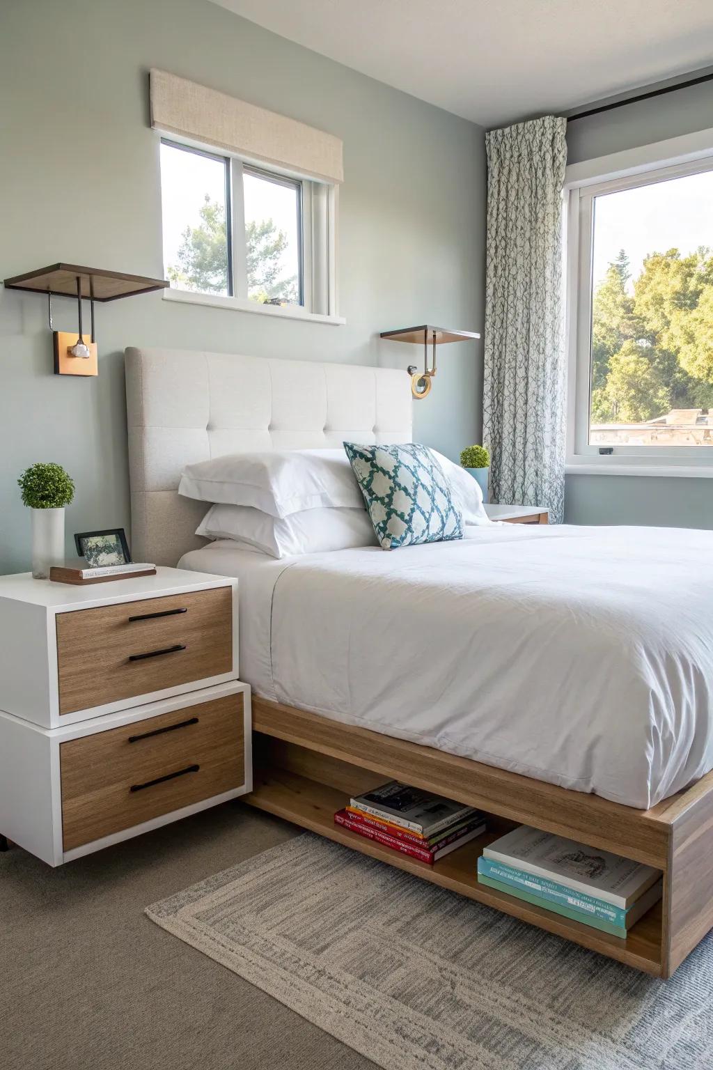 An apartment bedroom featuring modern floating nightstands for a streamlined look.