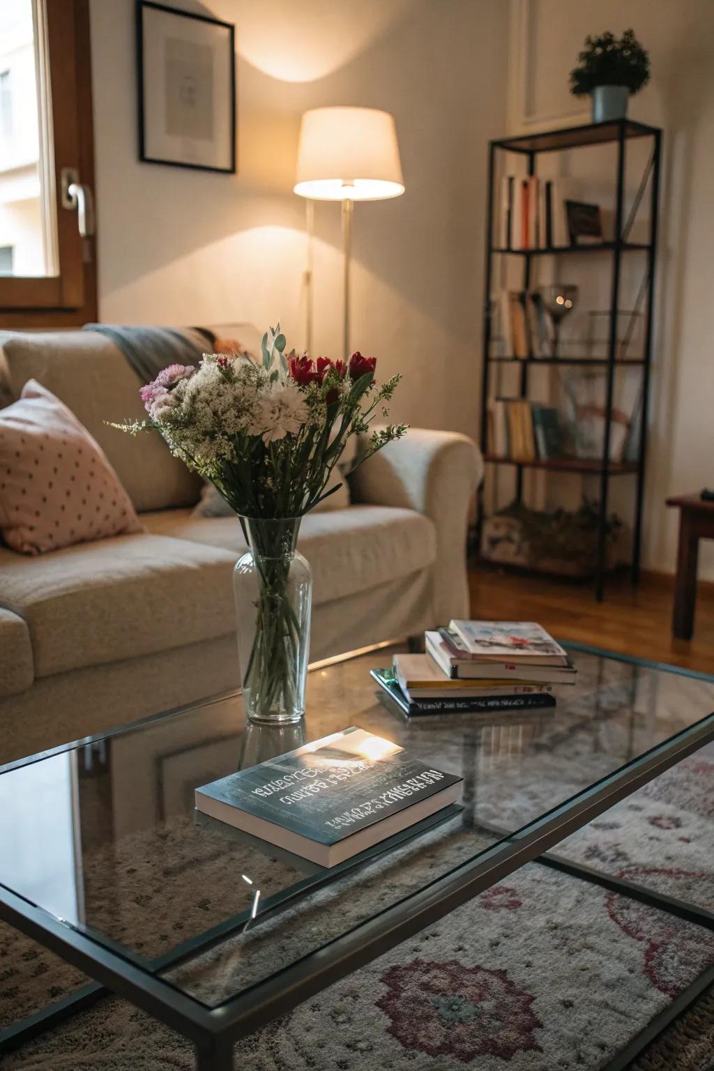Glass components add functionality without overwhelming this small living space.