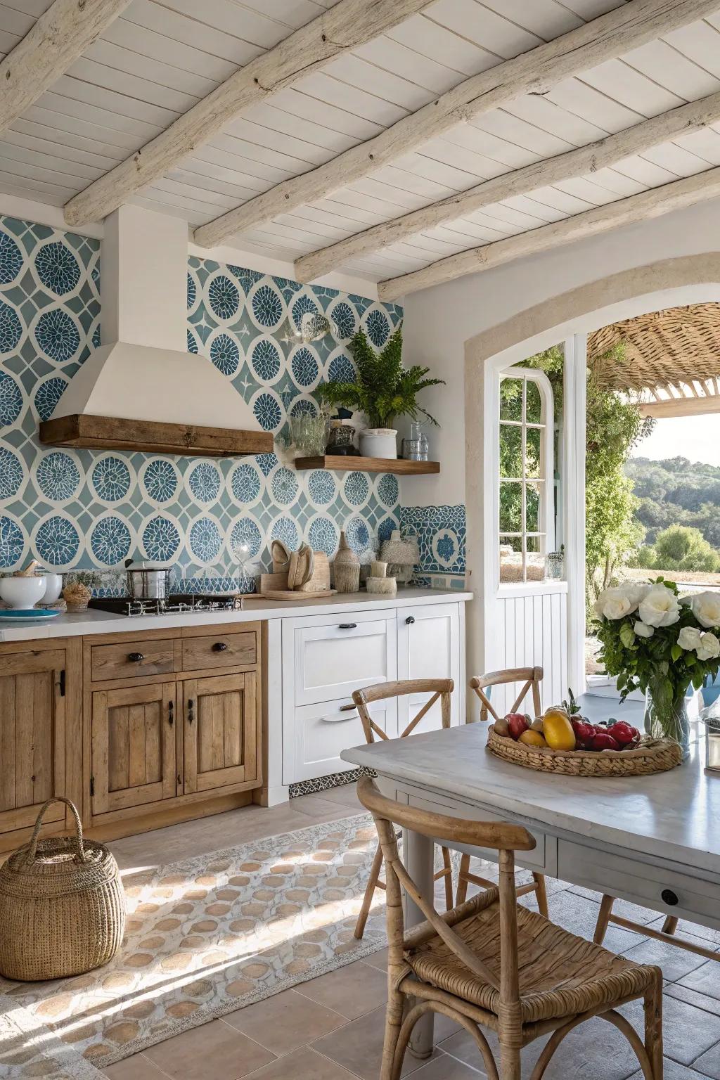 A Mediterranean-inspired kitchen with refreshing blue arabesque tiles.