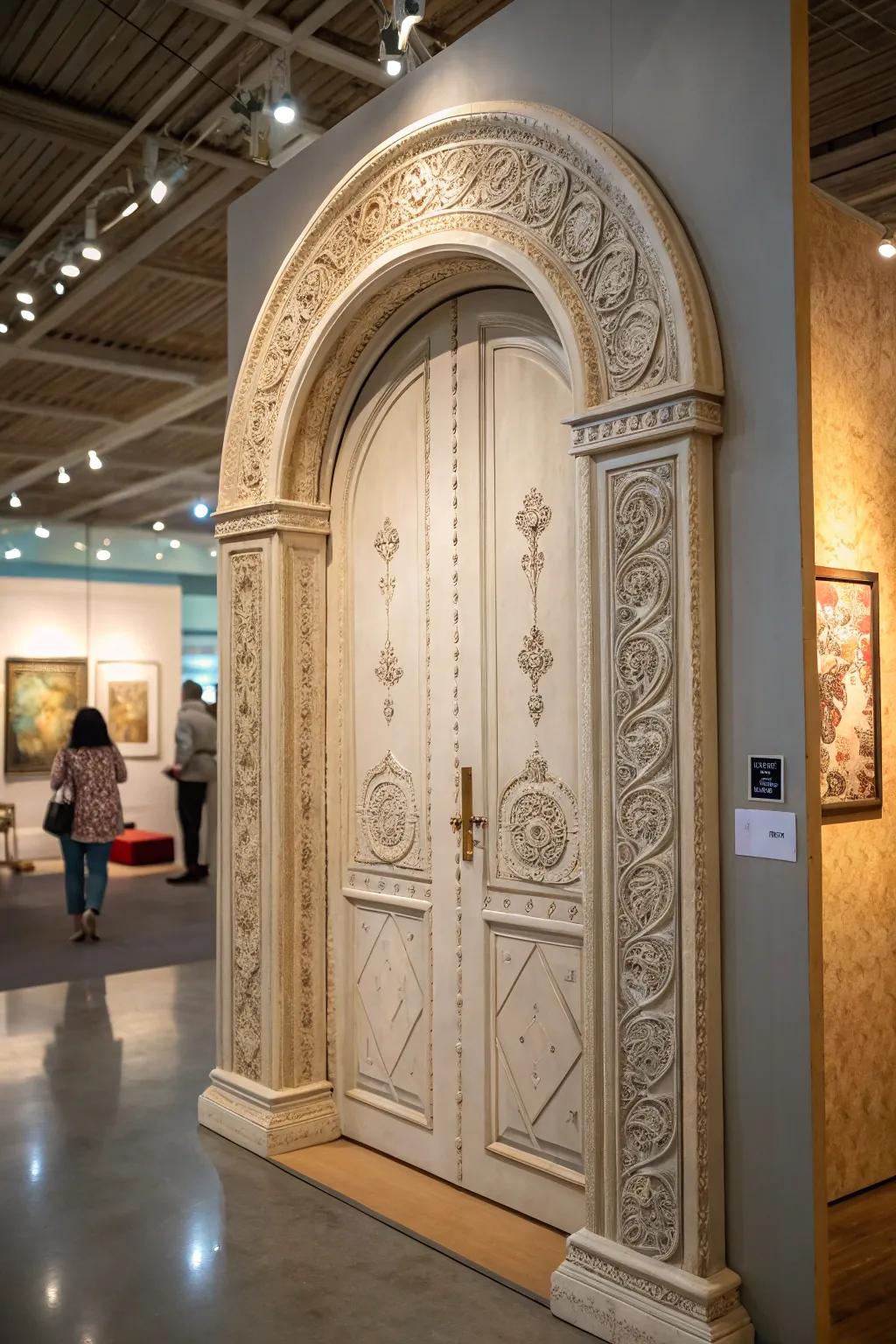 An archway door transformed into an art piece, adding unique character to the room.