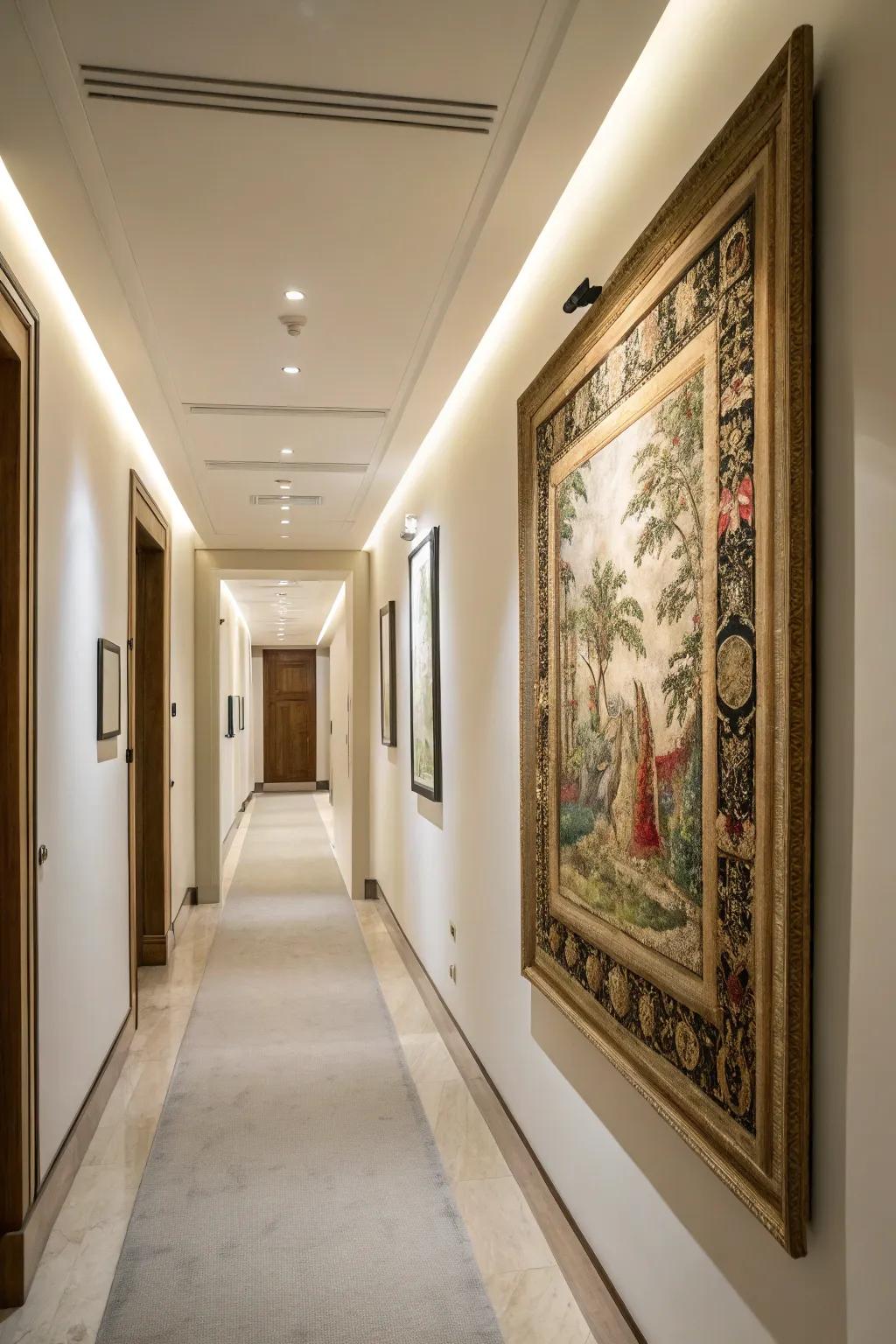 A framed tapestry injects warmth and texture into this hallway, transforming fabric into artwork.