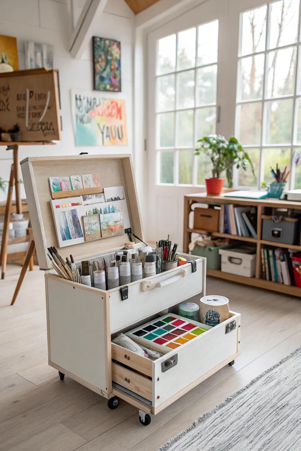 Rolling storage units offer flexible organization solutions.