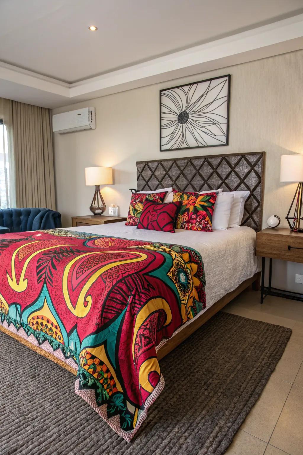 Bold bedding transforms your bed into an artistic focal point.