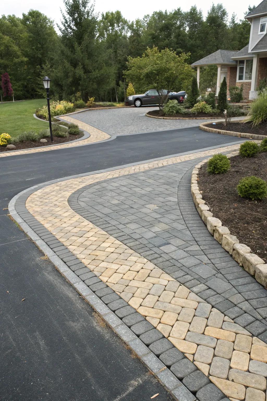 Multi-layered paver borders add depth and dimension to this dynamic driveway.