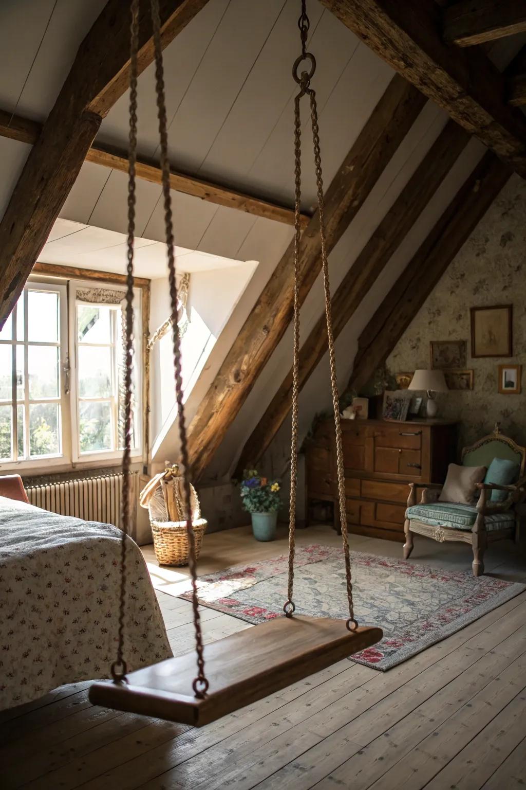 A swing introduces a playful and whimsical detail to your attic bedroom.