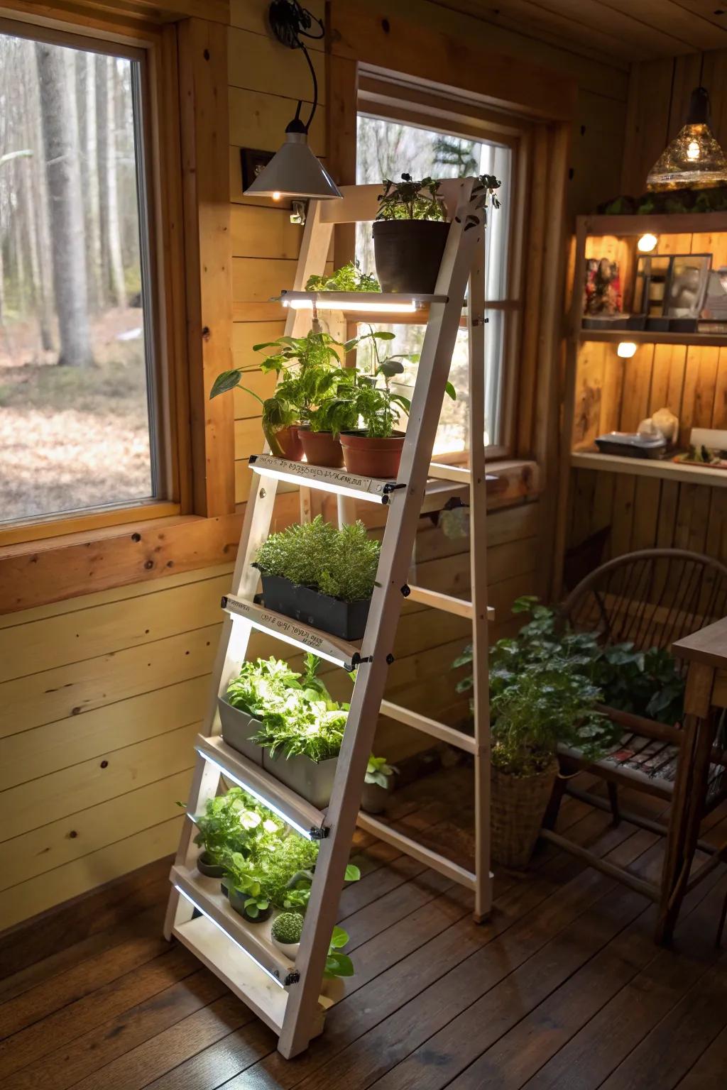 A garden ladder as a rustic focal point of home decor, enhanced with lights.