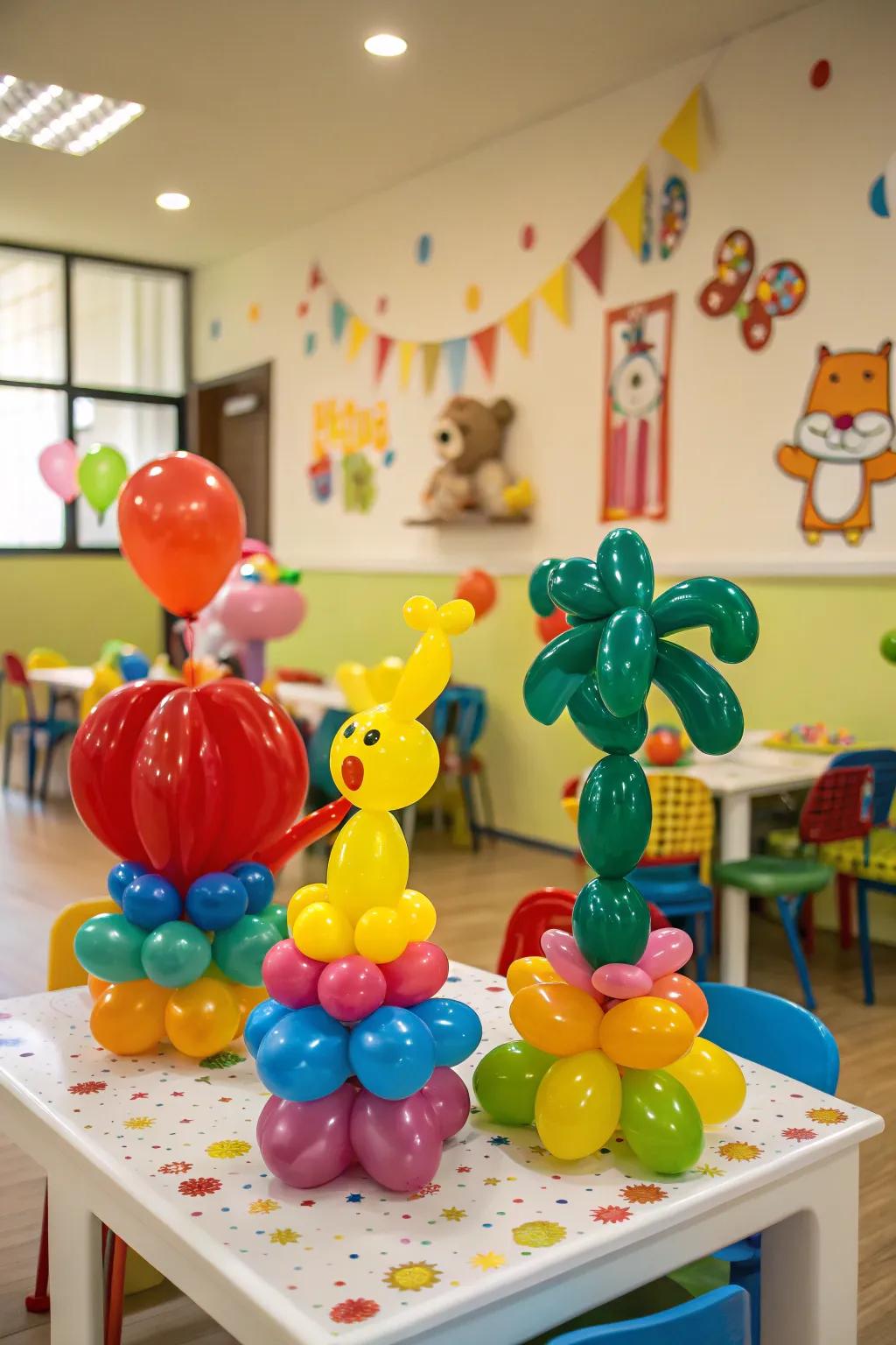 Balloon creatures add a playful touch to party decor.